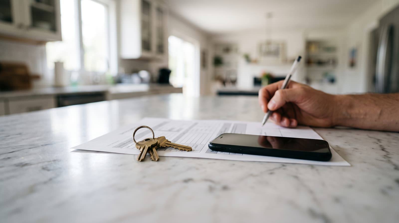A printed one-page home report lies on a kitchen island beside house keys and a phone.