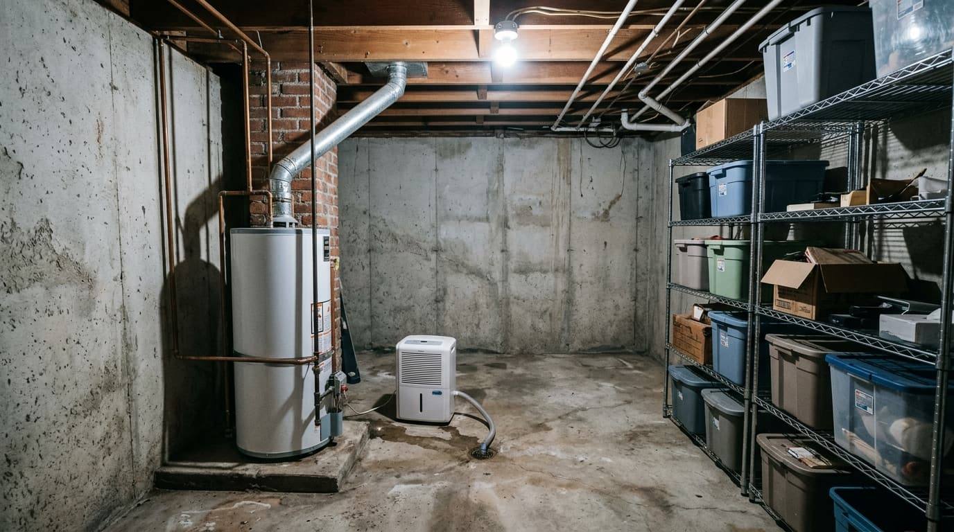 A gas tank water heater with its flue pipe running to a brick chimney in an unfinished basement with storage shelves.