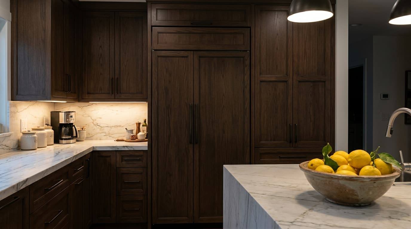 A built-in refrigerator with dark wood panels matching the cabinets, in an evening kitchen with a bowl of lemons.