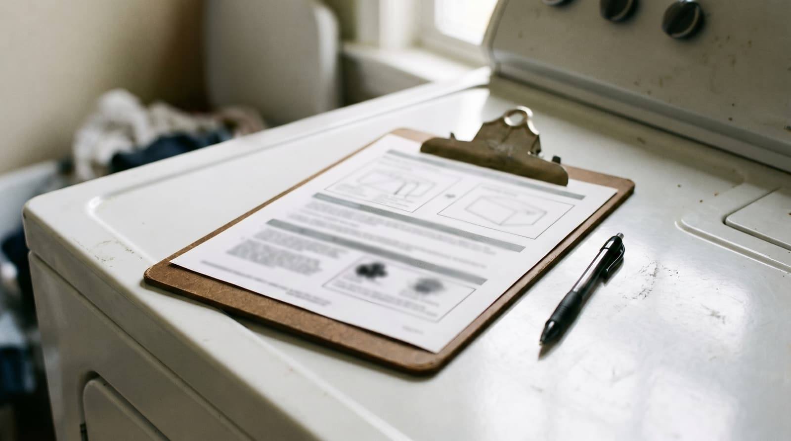 A printed one-page reference sheet on a clipboard rests on top of a dryer, with a pen beside it.