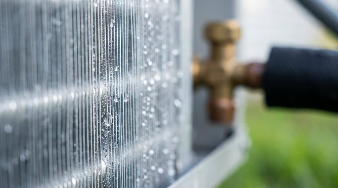 Close-up of water droplets on the metal fins of an outdoor AC unit, a brass service valve blurred behind.