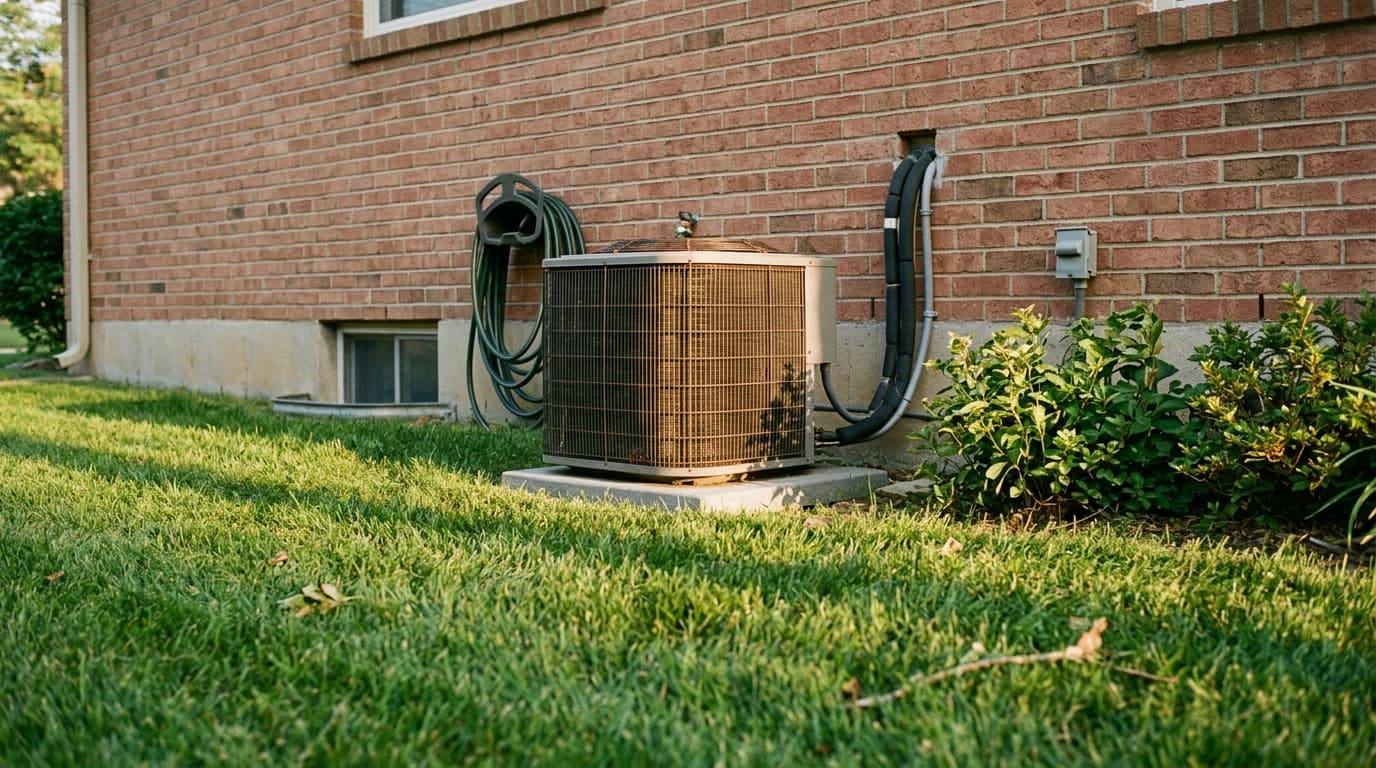 An outdoor AC unit on a concrete pad by a brick house in low evening sun, refrigerant lines running into the wall.