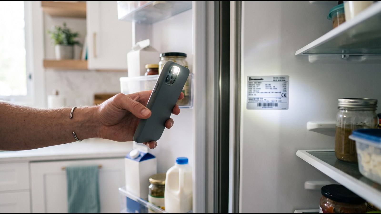 A hand shining a phone flashlight on the rating label inside an open refrigerator