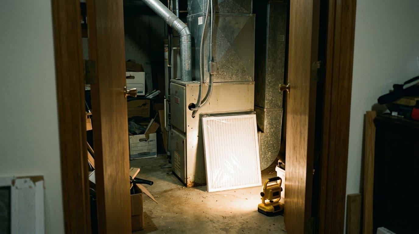 A furnace seen through an open door, a new air filter in plastic leaning against it, lit by a work light.