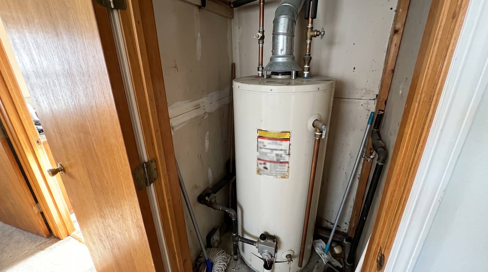 A tall gas tank water heater in a narrow utility closet, with its rating label on the front of the jacket.