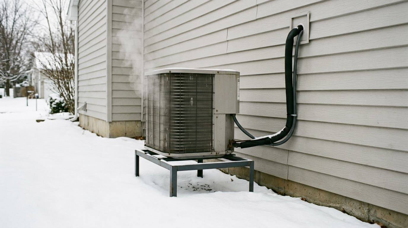 An outdoor heat pump on a raised stand in the snow beside gray siding, steam rising from the unit.