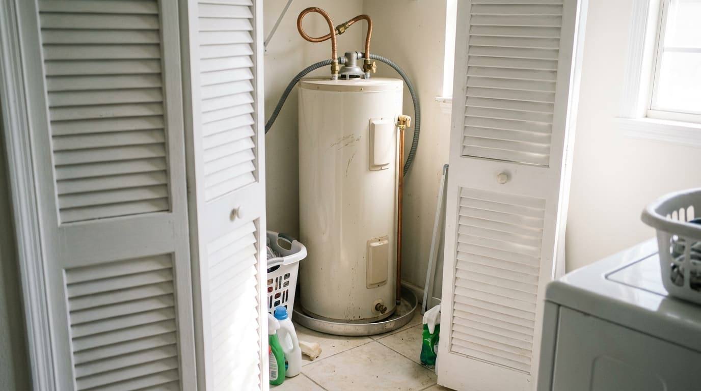 An electric tank water heater on a drain pan in a laundry closet, seen between open louvered doors.
