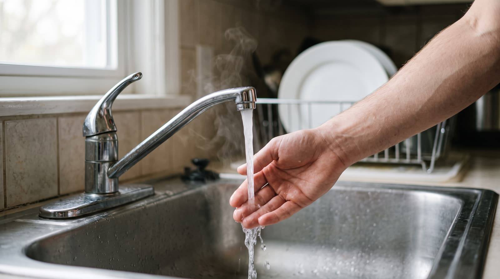 A hand tests running water at a kitchen faucet as light steam rises from the sink.