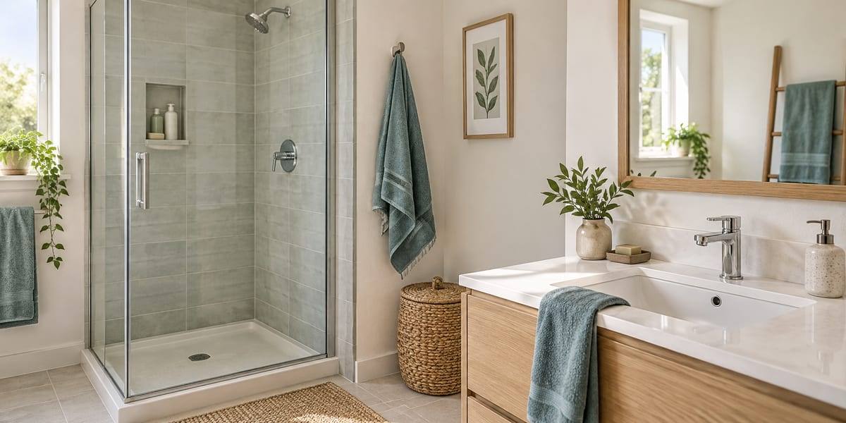 Bathroom with a glass shower on the left and a washbasin on an oak vanity on the right.