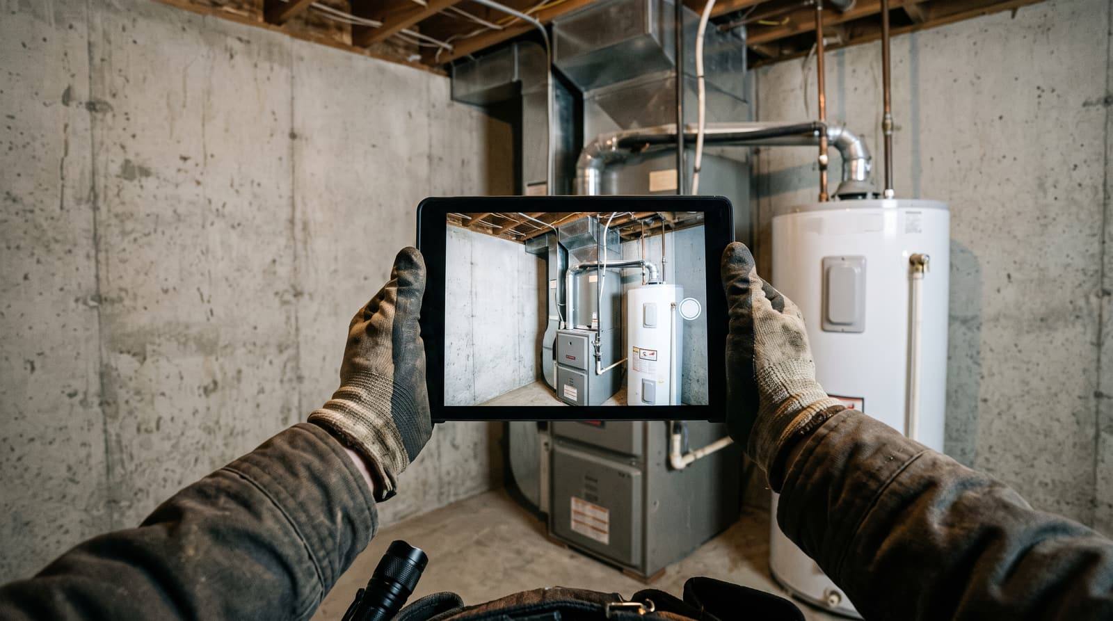 Gloved hands hold a tablet in a basement with a furnace and a tank water heater in the background.