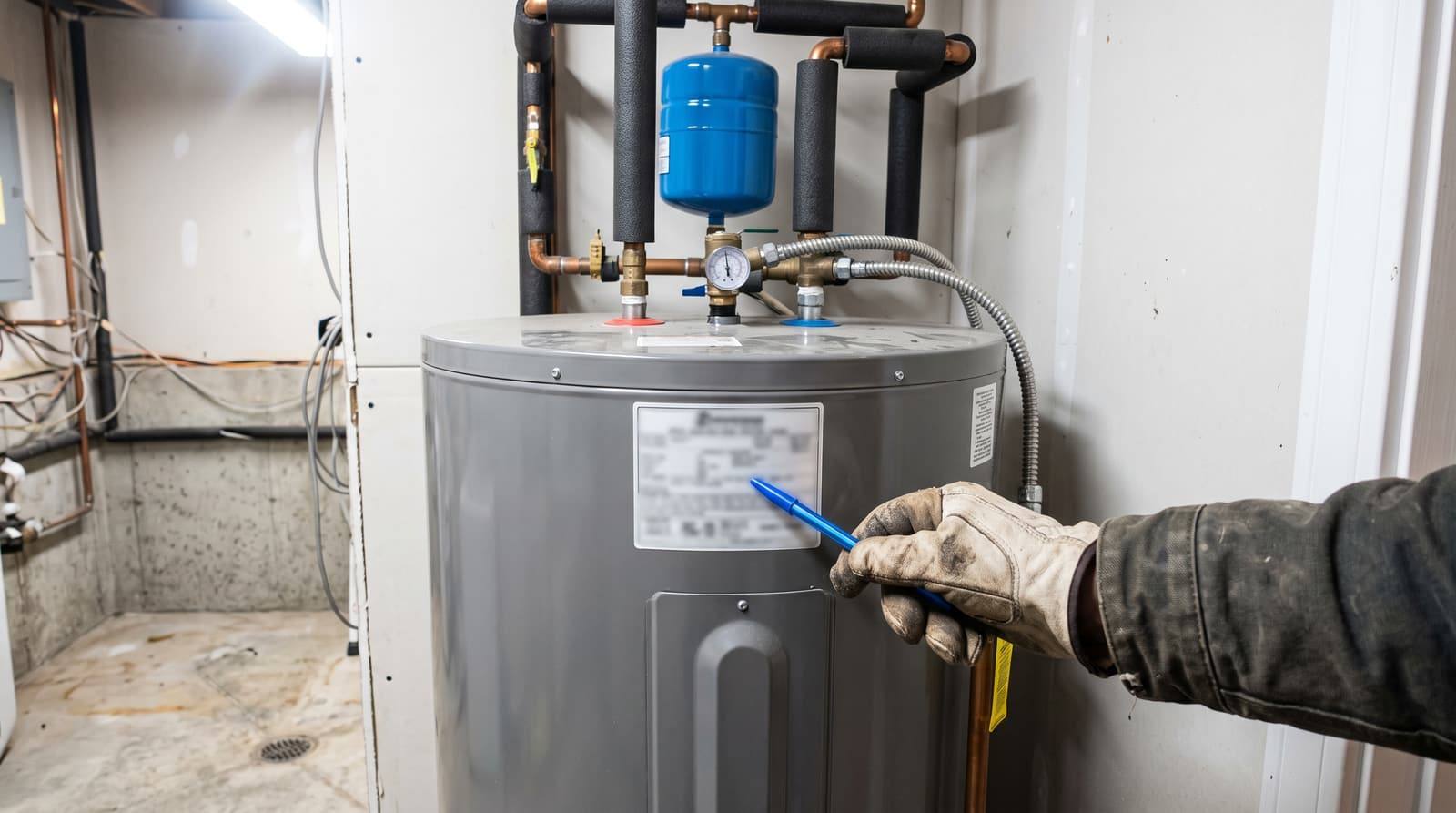 A gloved hand points a pen at the rating label of a large tank water heater with an expansion tank above.