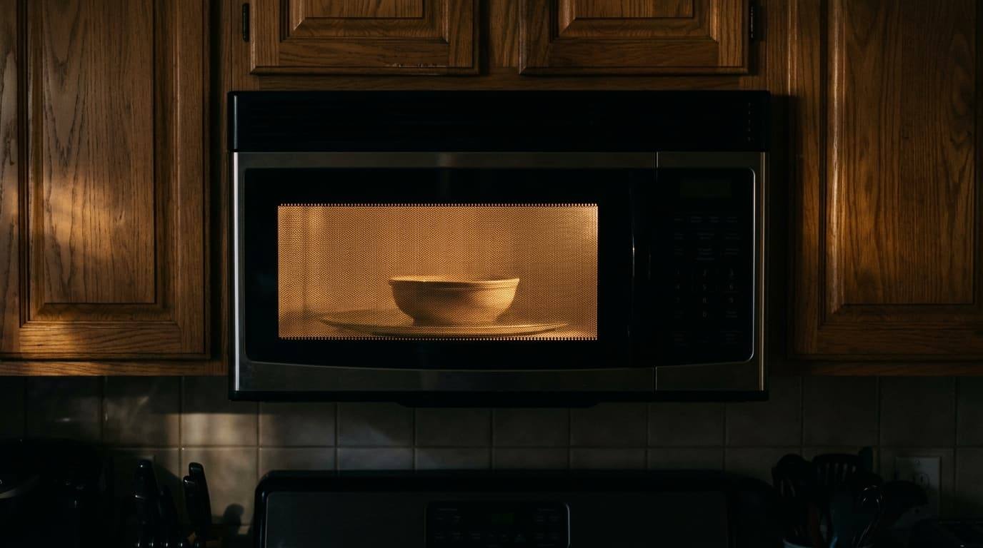An over-the-range microwave glowing from inside with a bowl on the turntable, between oak cabinets in a dark kitchen.