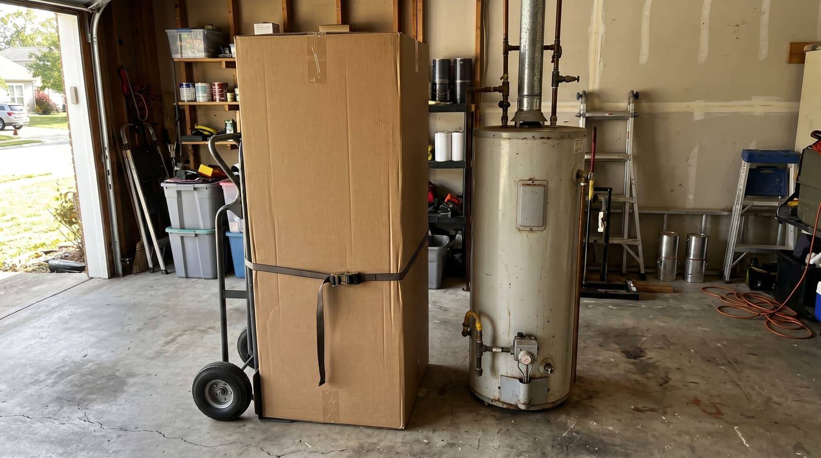 A new tank water heater in a plain box on a hand truck in a garage, next to the old water heater.