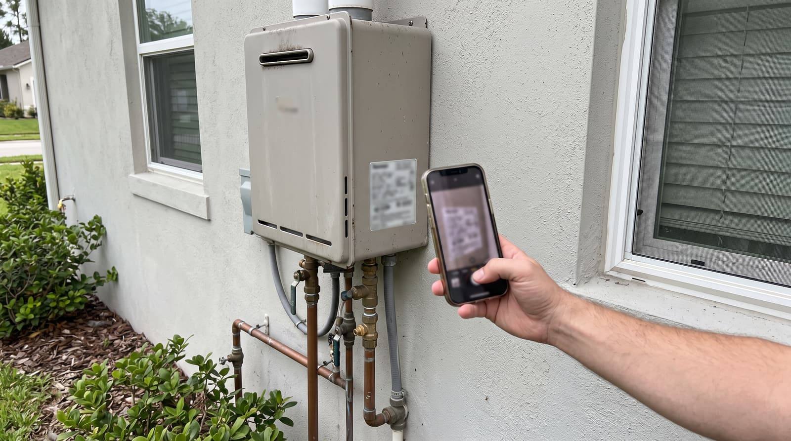 A hand photographs the label on a tankless water heater mounted on an outside wall of a house.