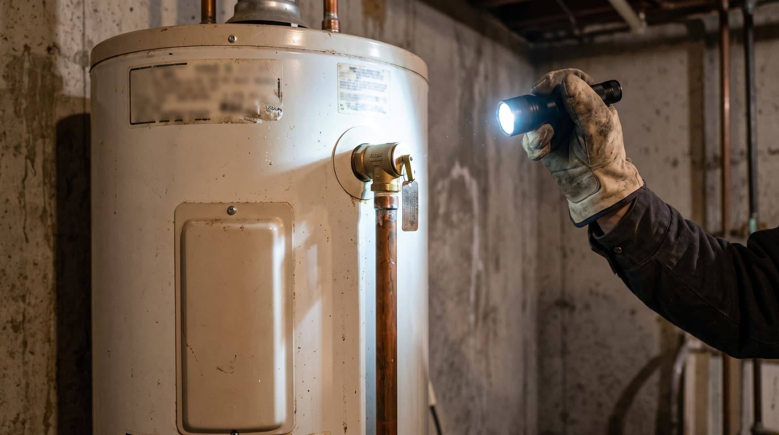 A gloved hand shines a flashlight on the relief valve and discharge pipe of a tank water heater.