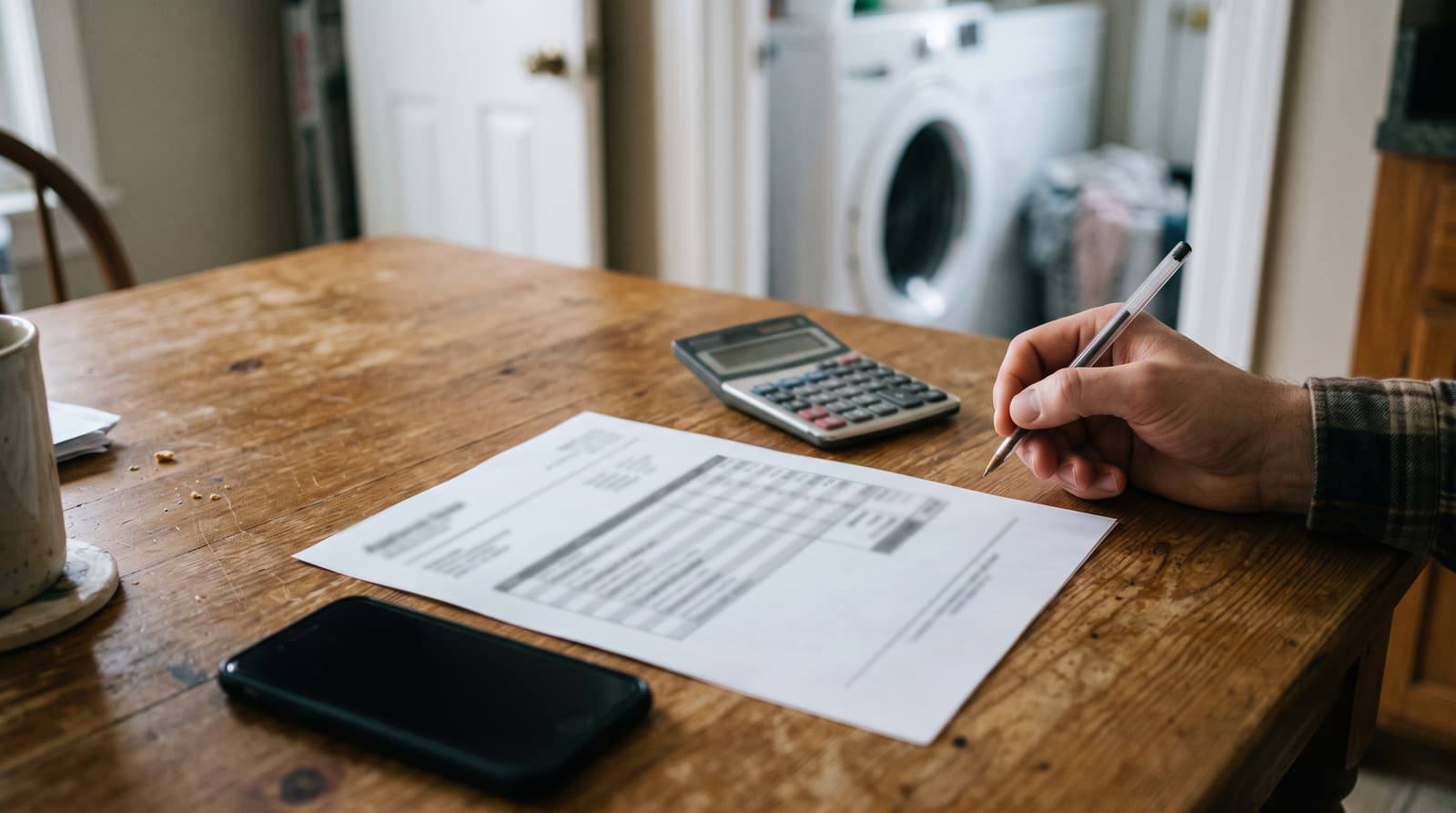 A hand holds a pen over a printed repair quote on a kitchen table next to a calculator and a phone.