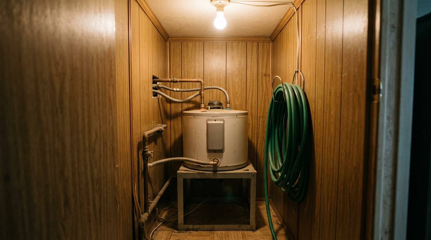 A short electric tank water heater on a metal stand in a narrow wood-paneled closet under a bare bulb.