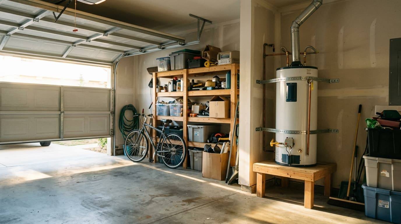 A gas tank water heater strapped to the wall on a wooden stand in a sunlit garage, shelves and a bicycle beside it.