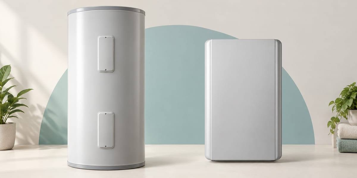 Unbranded cylindrical storage water heater on the left and compact rectangular tankless concept on the right.