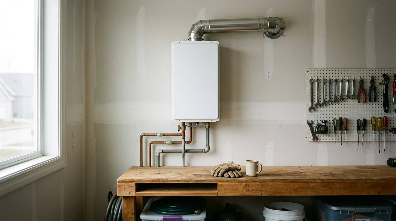 A white wall-mounted tankless water heater above a workbench with work gloves and a coffee mug, tools on a pegboard.