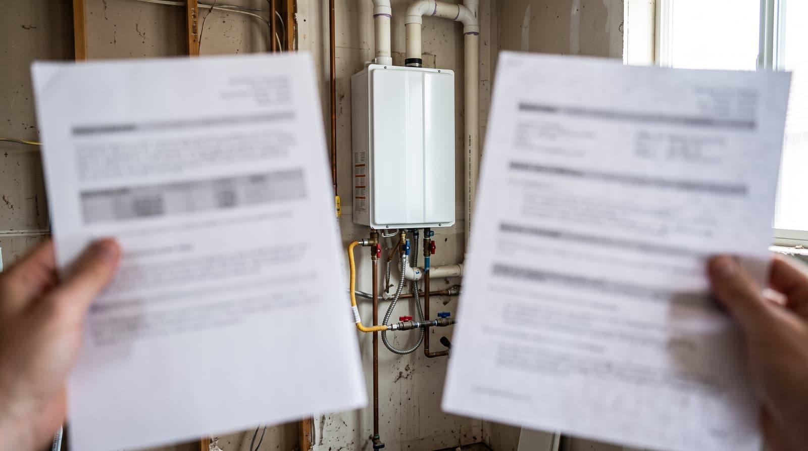 Two hands hold printed quotes in front of a wall-mounted tankless water heater in a utility room.