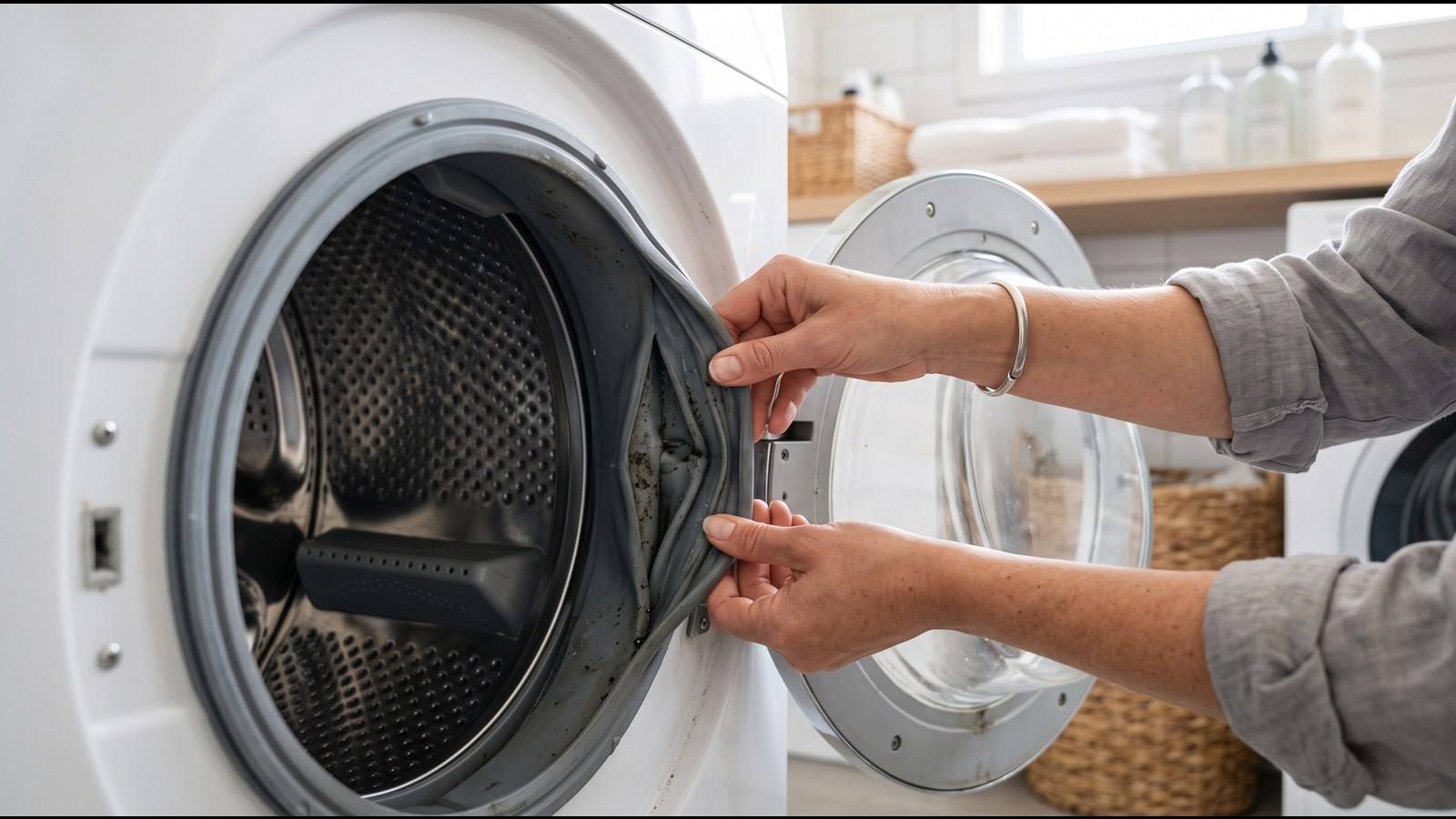 Hands pulling back the rubber door seal of a front-load washer to check for mould