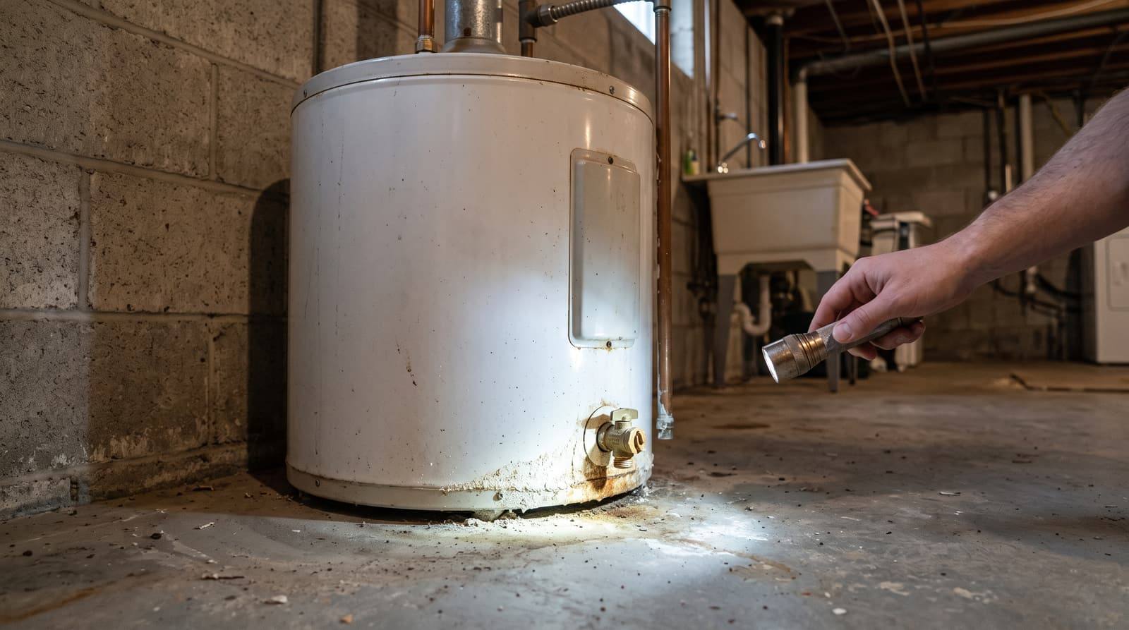 A flashlight lights the base of an older tank water heater in a basement, showing mineral staining around the drain valve.