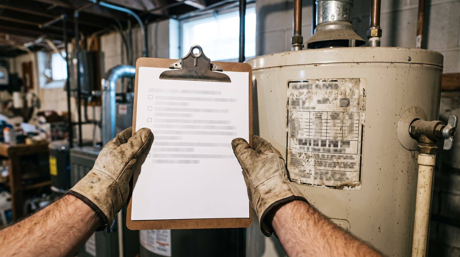 Gloved hands hold a clipboard checklist beside the worn rating label of a basement tank water heater.