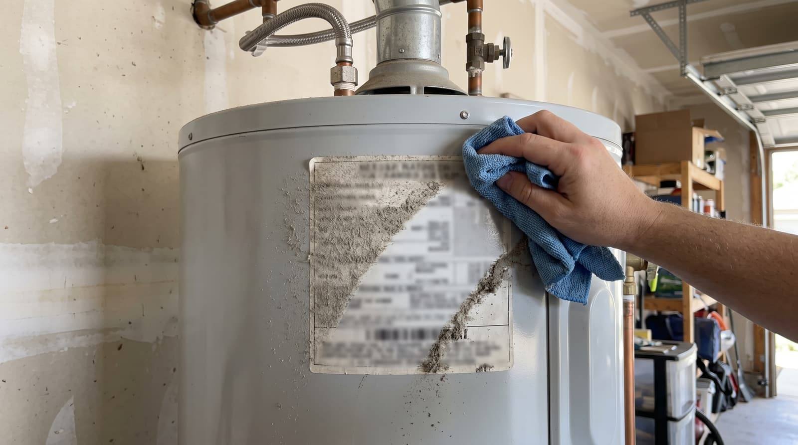 A hand wipes dust off the rating label on the side of a tank water heater in a garage.